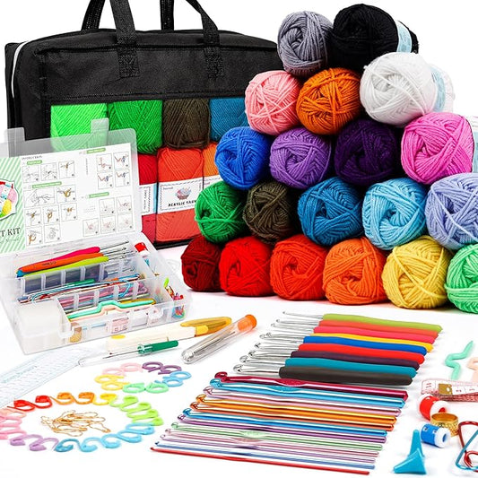 20 Large Acrylic Yarn Skeins-105 PCS Crochet Kit with Hooks Yarn Set, Premium Bundle Includes 2000 Yards Yarn Balls, Needles, Accessories, Ideal Starter Pack for Adults Beginner Professionals