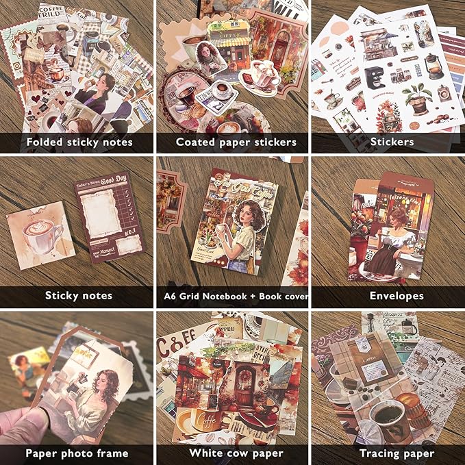 Scrapbooking Supplies Kit, Coffee Aesthetic Vintage Scrapbook Kit for Bullet Junk Journal A6 Grid Notebook Stationary Journaling Supplies DIY Craft Birthday Holiday Gifts for Women Kid Teen Girl