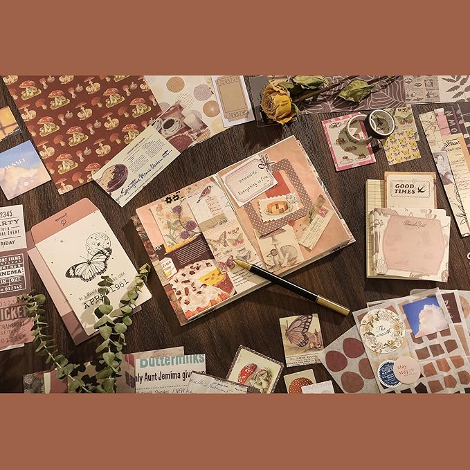 348 Pcs Scrapbooking Supplies Kit, Vintage Aesthetic Scrapbook Kit for Bullet Junk Journal, Stationery, A6 Grid Notebook, DIY Journaling Supplies, Birthday Craft Gift for Teen Girl Kid Women