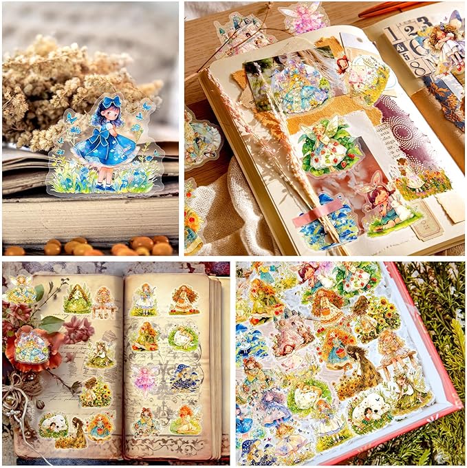 60Pcs Kawaii Girls Stickers for Journaling - Cute Sweet Cartoon Transparent Collage Scrapbooking Supplies Sticker Decal for Junk Journal Cards DIY Arts Crafts