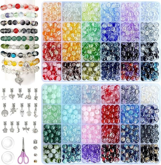 Rujiaoa 8mm Crackle Glass Beads for Bracelets, 1200PCS Adult Bracelet Making Kit with Elastic Cord & Charms, DIY Jewelry Gifts for Beginners