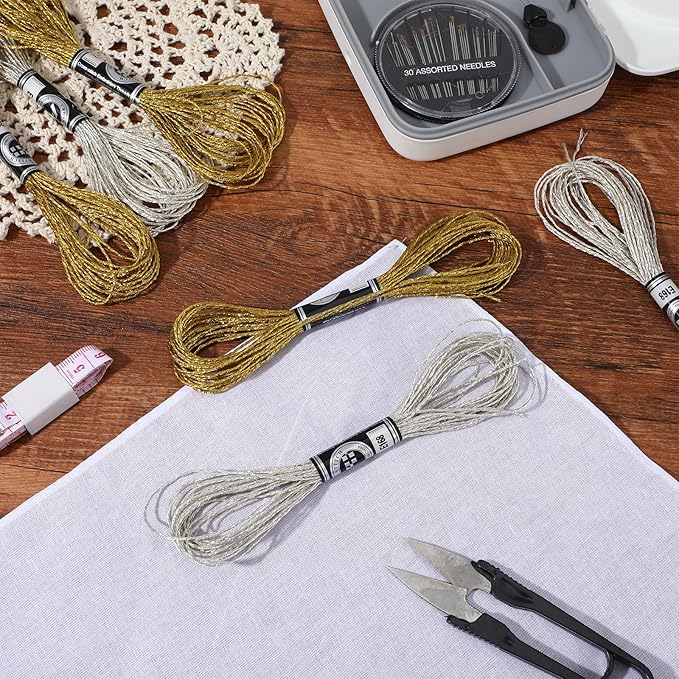 6 Skeins Metallic Embroidery Floss, Glitter Silver & Gold Embroidered Thread Set, Polyester Sewing Floss Cross Stitch Thread Friendship Bracelets Threads for Hand Embroidery, String Art