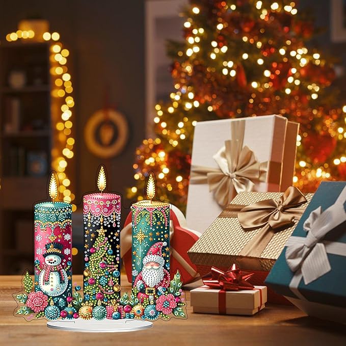 JJFox DIY 5D Tabletop Diamond Art Painting Kit， Desktop Ornament Special Shaped Rhinestone Desk Placement Ornament，Home Stand Up Gem Painting Craft Kit，Gift (Christmas Candle)