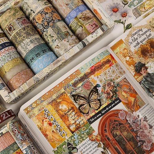 Vintage Washi Tape Set - 24 Rolls Arts Adhesive Tapes Assorted Retro Decorative Masking Tape Sets for Craft, Kids, Scrapbook, DIY, Gift Wrapping (7-Daily Vintage)