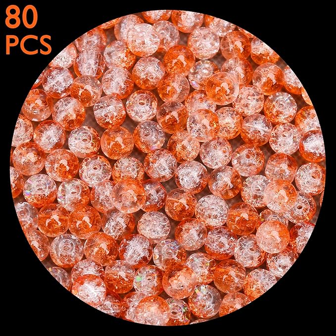 80PCs 10mm Orange Crackle Glass Beads Bulk, Round Smooth Hole Glass Crystal Beads for Jewelry Making, DIY Bracelets, Necklaces, Bag Charms, Keychains and Craft Projects