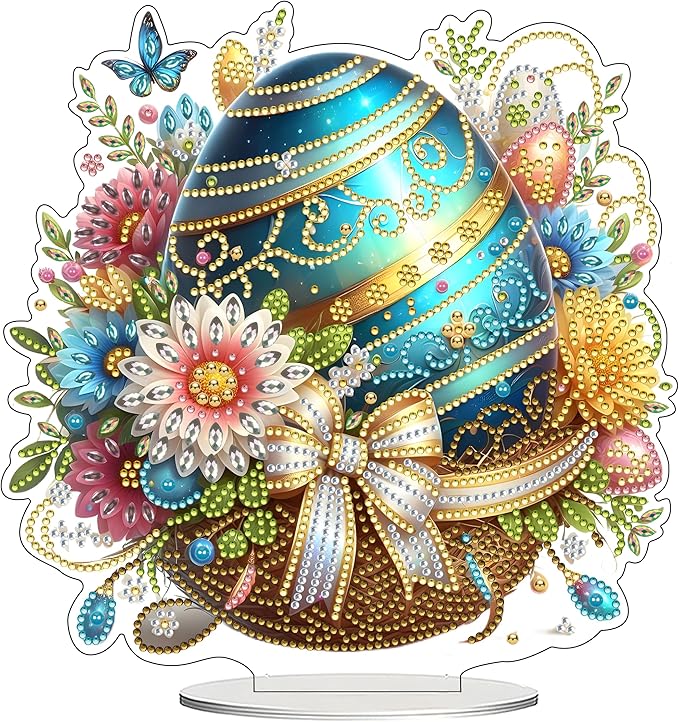 JJFox DIY Tabletop Diamond Art Painting Kit，Desktop Ornament Special Shaped Rhinestone Desk Placement Ornament，Home Stand Up Gem Painting Craft Kit Gift Double Sided (Easter Egg)