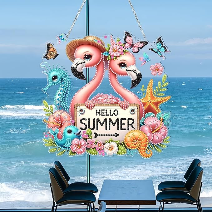 DIY Hanging Diamond Art Kit for Adult – 5D Gem Art Window & Wall Pendant, Acrylic Diamond Painting Ornament for Home & Garden Decoration (Summer Flamingos)