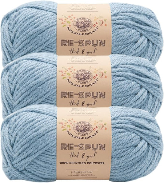 Lion Brand Yarn, Re-Spun Thick & Quick Super Bulky Yarn for Knitting, Crochet, and Crafts, Faded Denim, 3 Pack, Soft Fiber for Chunky Blankets, Bulky Throws, and Cozy Sweaters