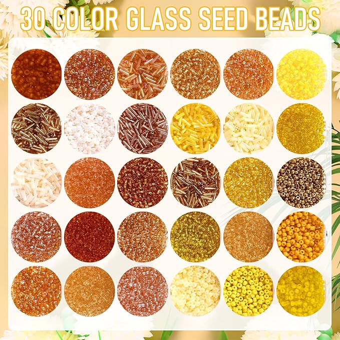 Misdary 30 Colors Glass Seed and Tube Bugle Beads Kit 2 Organizer Boxes Loose Beads for Jewelry Making DIY Crafts Bracelets and Necklaces(Yellow and Champagne)