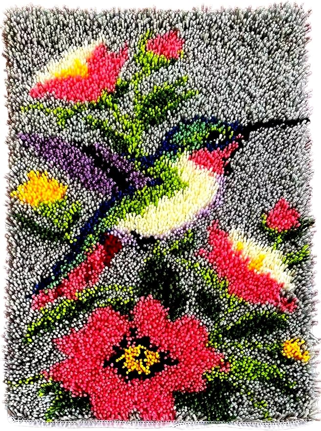 Hummingbird Garden Latch Hook Rug Kit – Vibrant Bird & Flowers Design | Pre-Printed Canvas & Soft Yarn for Adults – Relaxing Yarn Craft for Wall Decor Holiday Gifts, 23.6''x15.8'' (Hummingbird Bloom)