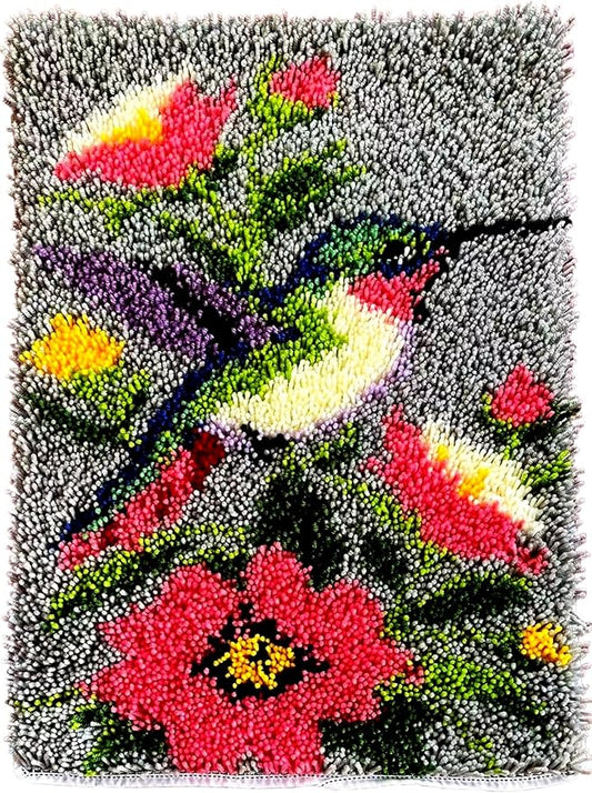 Hummingbird Garden Latch Hook Rug Kit – Vibrant Bird & Flowers Design | Pre-Printed Canvas & Soft Yarn for Adults – Relaxing Yarn Craft for Wall Decor Holiday Gifts, 23.6''x15.8'' (Hummingbird Bloom)