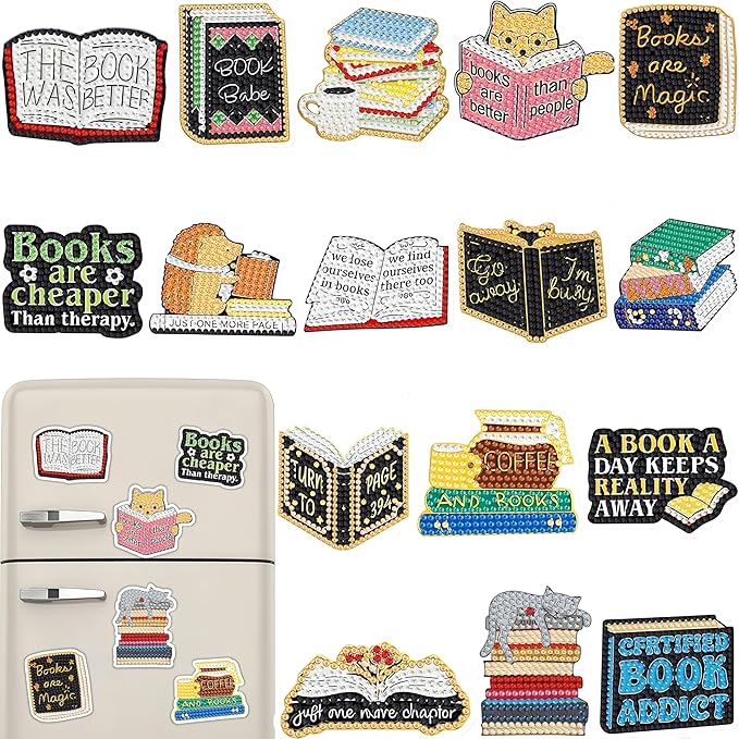 16 Pcs Book Diamond Painting Magnets Kits Diamond Art Fridge Magnet Refrigerator Sticker Diamond Painting kit for Beginners Adults DIY Art Craft Gifts Home Decors (Book)