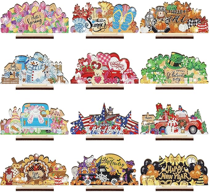 YooNotee 12 Sets Interchangeable Seasonal Diamond Art Tabletop Decorations Holiday Diamond Art Painting Kit with 12 Wood Base for Table Tiered Tray Decor Craft Graduation Centerpiece (Classic Style)