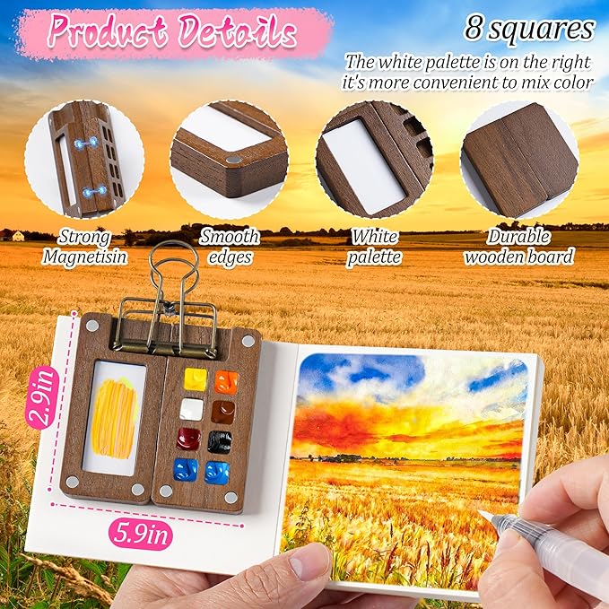 Mini Watercolor Paint Set, 12 Colors Portable Pocket Watercolour Travel Kit with 8 Grid Wood Paint Palette, Sketchbook, Metal Clip, Water Brush for Painters Artists Students