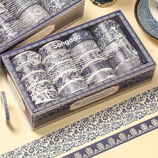 Blue & White Porcelain Washi Tape Set, Traditional Chinese Ceramic Pattern Decorative Masking Tapes, Oriental Art for Craft, Scrapbook, DIY, Gift Wrapping (1-Porcelain Grace/20 Rolls)