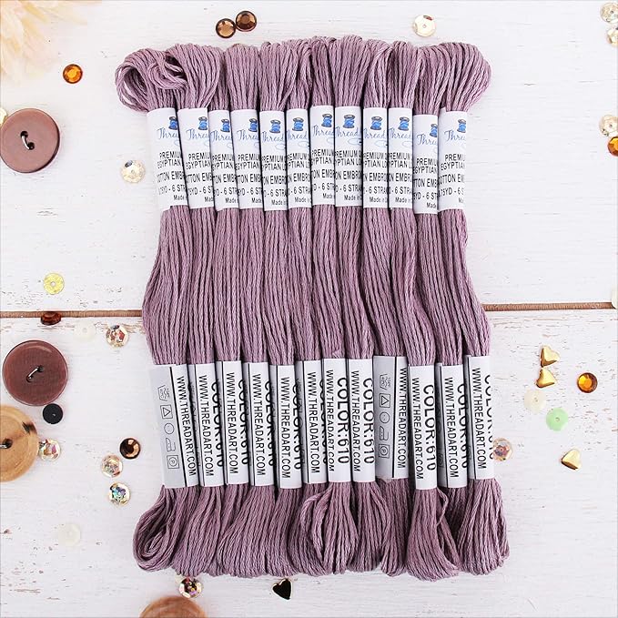 12 Skeins ThreadArt Premium Egyptian Long Fiber Cotton Embroidery Floss | Antique Violet| 6 Strand Divisible Thread 8.75yds Each for Hand Embroidery, Friendship Bracelets, Cross Stitch and Crafts