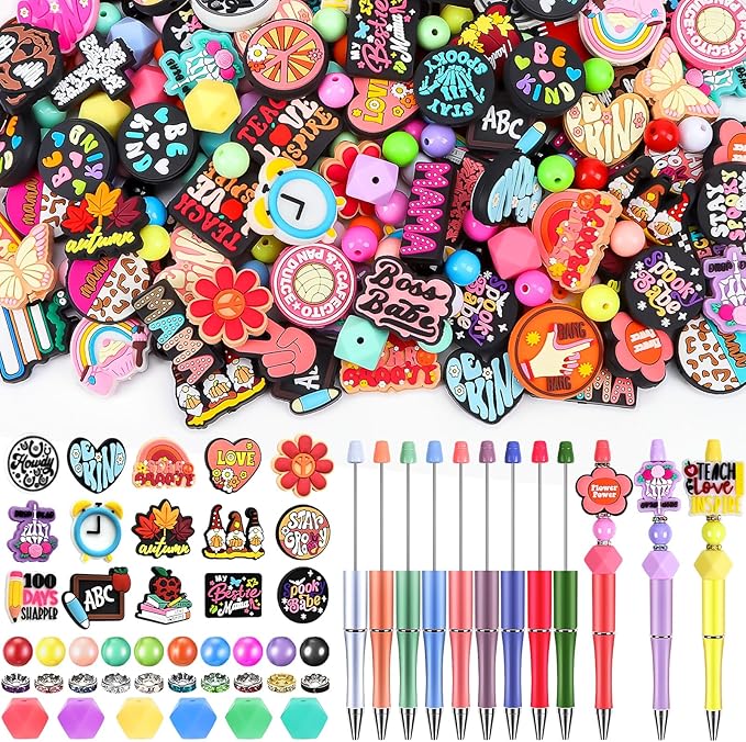 Kanmeii 200 Pcs Silicone Focal Beads for Pen Making Kit-12 Beadable Pens 188 Focal Beads Set for Keychains Lanyards Bracelets Jewelry DIY(Mixed Style)