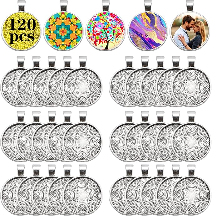 120Pcs Pendant Trays, Alloy Tray Charms Bulk, Round Pendant Blank, Bezel Trays for Homemade Necklaces, Jewelry Making, DIY Crafts, Resin Art and Paint Pour Skins