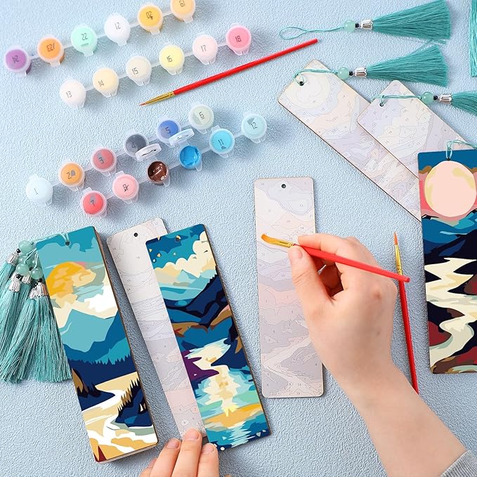Kosiz 12 Pcs Mountain Paint by Numbers Kit for Adults Wood Bookmark Painting Decor Mini Paint by Numbers Kit Tassels Blank Bookmarks Craft for Small DIY Book Lovers Gift 7x2 ''