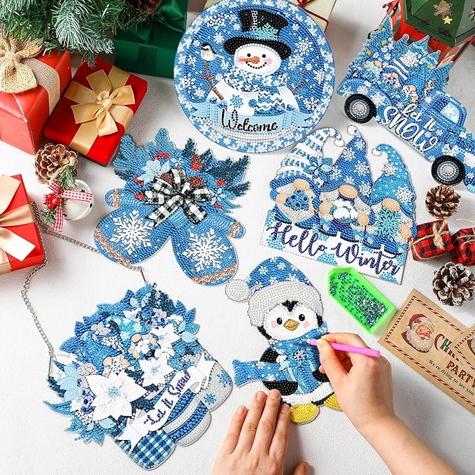 Zonon 6 Pcs Winter Diamond Painting Hanging Sign Set 5d Snowman Diamond Art Set for Adults DIY Gnome Art Pendant Ornaments Kits Acrylic Winter Tree Wreath Truck for Wall Window Decor