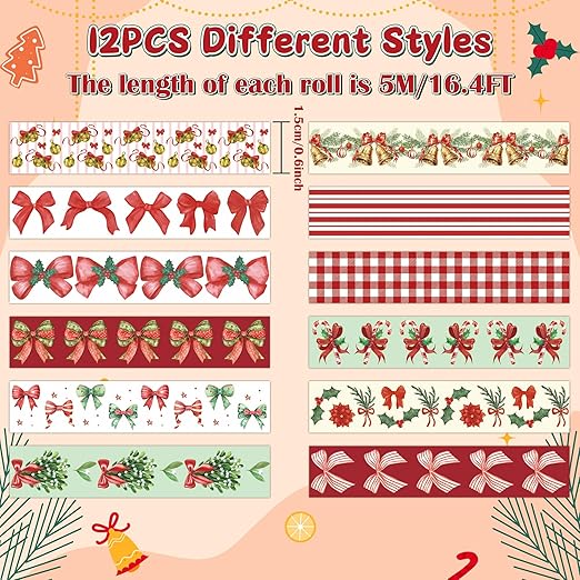Christmas Bow Washi Tape - 12 Rolls Festive Holiday Designs with Holly Candy Cane Patterns, Easy Tear & Acid Free Adhesive for for Gift Wrapping, Scrapbook, Journal Decor & DIY Projects