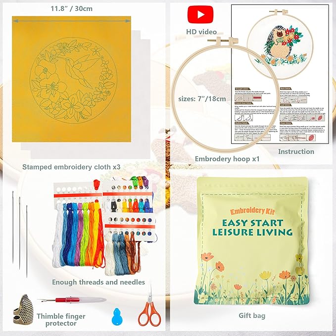 lx lermx embroidery kits for beginners, adult starter cross stitch kit needlepoint complete diy kit with unique patterns, hoop, colorful threads, tools, step by step instructions & video tutorial