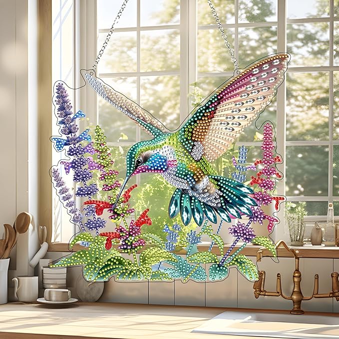 JJFox Diamond Art Hanging Kit for Adult,Special Shaped Rhinestone,DIY Acrylic 5D Diamond Art Painting Window Pendants Home Garden Wall Hanging Kits Hanging Ornament (Hummingbird)