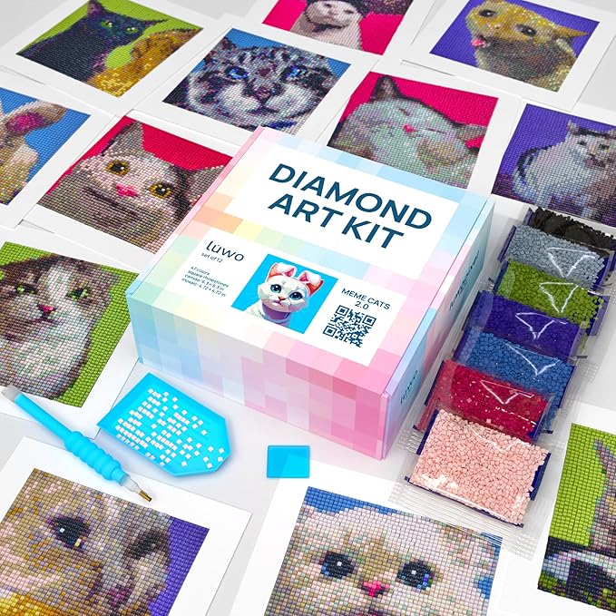 LuwoArte 12 Pack Diamond Painting Kits for Adults –Featuring Funny Meme Cats Designs 2.0 –Full Drill DIY Paint Gem Art for Adults–Brilliant 5D Diamond Painting Kit–Relaxing Craft for Home Wall Décor