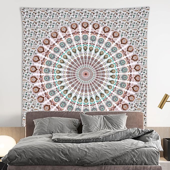 bless international handmade indian hippie bohemian psychedelic peacock mandala wall hanging college dorm beach throws table cloth bedding tapestry (floral gold, queen(84x90inches)(215x230cms))