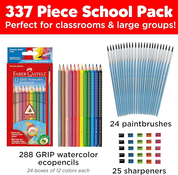 Faber-Castell - 288 Count- Grip Watercolor EcoPencils School Pack - Art Supplies For Kids- (24 Sets of 12 Colors + Free Sharpeners and Paint Brushes)