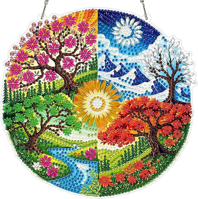 MXJSUA Landscape Seasons Diamond Painting Art Window Suncatchers, Diamond Art Kits for Adults Hanging Ornaments with Chain, 5D Special Shape Crystal Diamond Pendant Accessories for Decor Gift