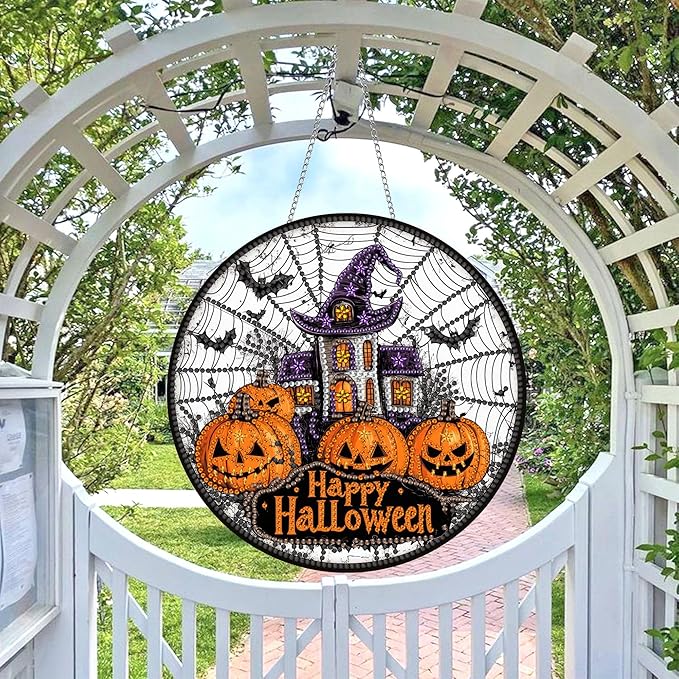 Wergund 5D DIY Halloween Diamond Art Hanging Kits, Hanging Diamond Art Pumpkin, Acrylic Special Shaped Rhinestone, Window Hanging Pendants for Home Wall Garden Front Door Outdoor Decor Gift(Halloween)