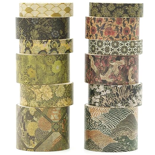 12 Rolls Kyoto Charm Washi Tape Set Japanese Arts Adhesive Tapes Geometric Garden Decorative Masking Tape Sets for Craft, Kids, Scrapbook, DIY, Gift Wrapping (Green Song)