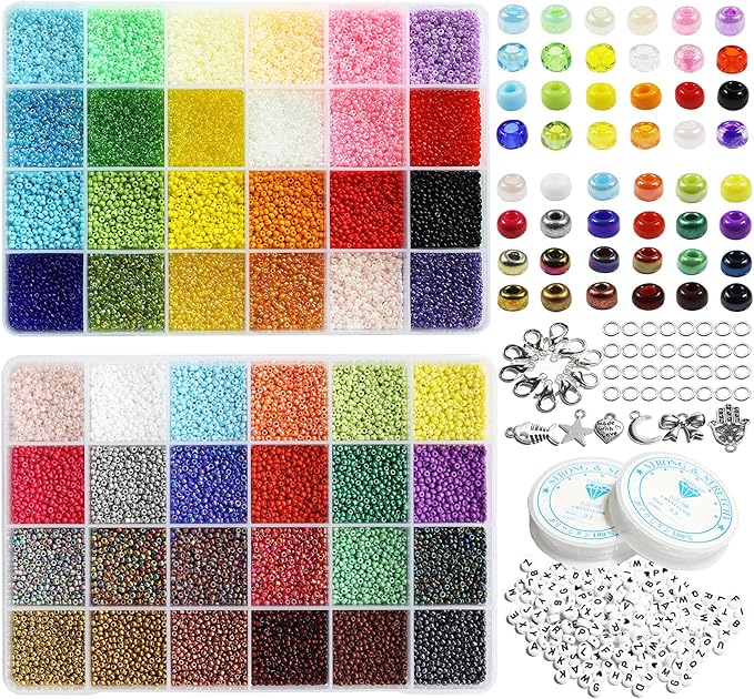 Size 2mm Seed Beads 48 Colors in Grid Storage Box Total About 36000pcs,12/0 Small Seed Beads with Rings,Claw Clasps,Elastic String and Alphabet Letter Beads for Bracelet Jewelry Making