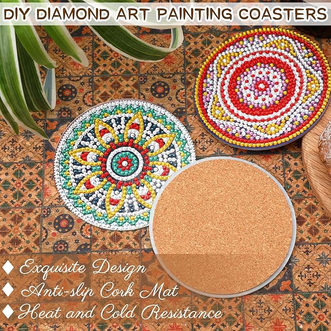 UPINS 8Pcs Mandala Diamond Art Painting Art Coasters Kits with Holder, Diamond Art Non Slip Coaster Kits DIY with Holder Crafts for Adults Diamond Art Painting Kits Supplies for Christmas Gift