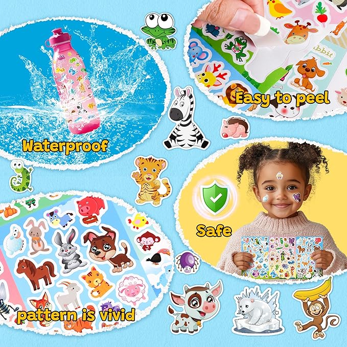 sinceroduct 64 sheets stickers for kids, 1800+pcs animal sticker, 16 animal themes water bottle stickers, scrapbooking party favors classroom for kids, children, teacher, parent