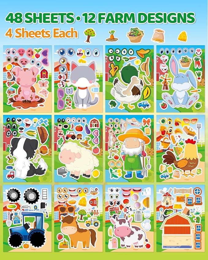 aowplc 48 sheets farm animal make‑a‑face stickers for kids & toddlers – 12 unique mix‑and‑match designs – farm party favors, birthday supplies, activities & crafts