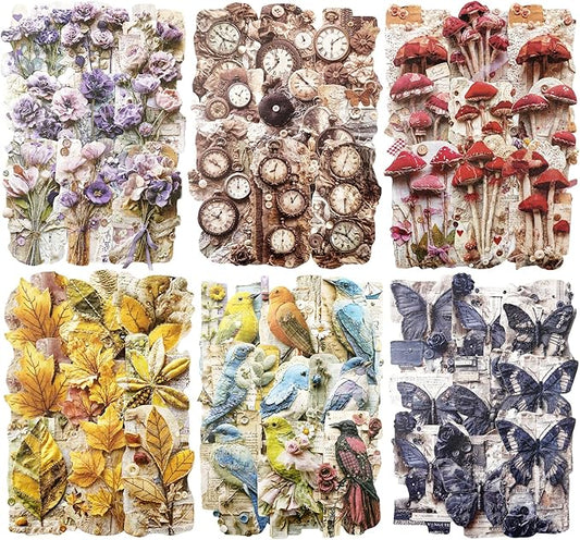 Retro Patchwork Base Sticker Pack – 120pcs Vintage Collage Paper Stickers, Laser Cut No White Edge, Fabric Style Ephemera for Scrapbook Journal Junk Journal DIY Decoration