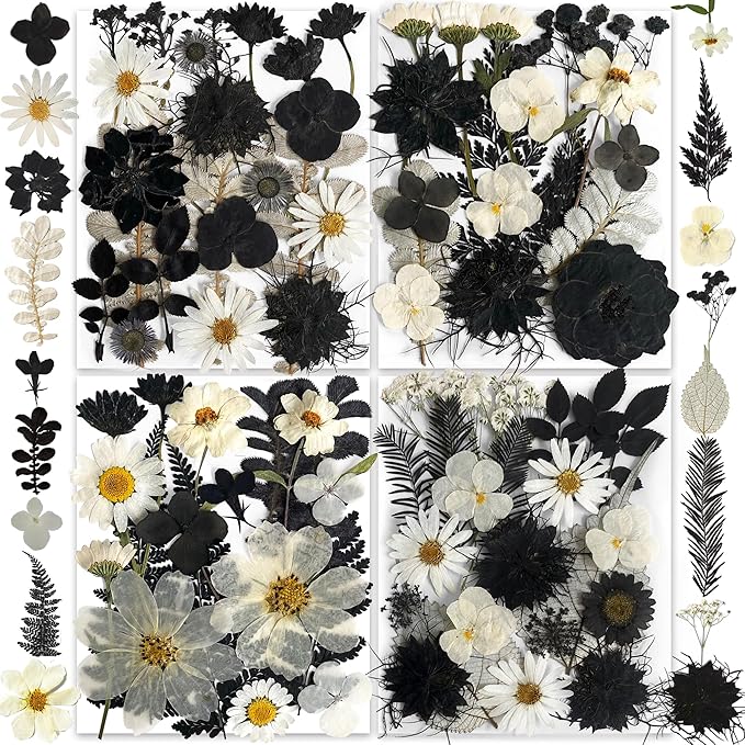 131PCS Black White Dried Pressed Flowers with Butterfly Stickers - YouthBro Real Nature Flowers Craft Set for Craft Resin DIY Jewelry Candle Soap Making Nail Card Scrapbook Art Floral Decors