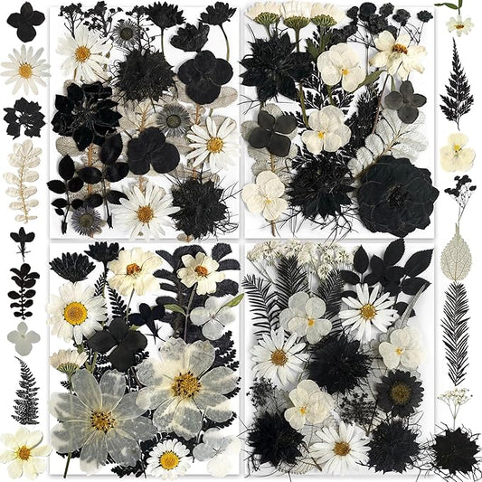 131PCS Black White Dried Pressed Flowers with Butterfly Stickers - YouthBro Real Nature Flowers Craft Set for Craft Resin DIY Jewelry Candle Soap Making Nail Card Scrapbook Art Floral Decors
