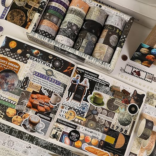 Vintage Washi Tape Set - 24 Rolls Arts Adhesive Tapes Assorted Retro Decorative Masking Tape Sets for Craft, Kids, Scrapbook, DIY, Gift Wrapping (11-Celestial Dreams)