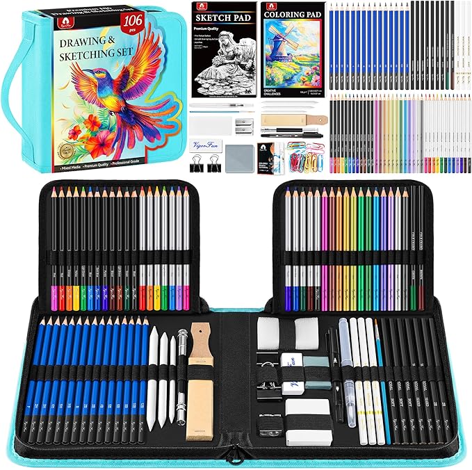 106 PCS Art Supplies Sketching Kit, Pro Drawing Pencils with 3-Color Sketchbook, Coloring Book, Colored Graphite Charcoal Watercolor & Metallic Pencils, Drawing Supplies Gifts for Artists Adults