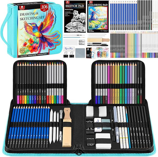 106 PCS Art Supplies Sketching Kit, Pro Drawing Pencils with 3-Color Sketchbook, Coloring Book, Colored Graphite Charcoal Watercolor & Metallic Pencils, Drawing Supplies Gifts for Artists Adults