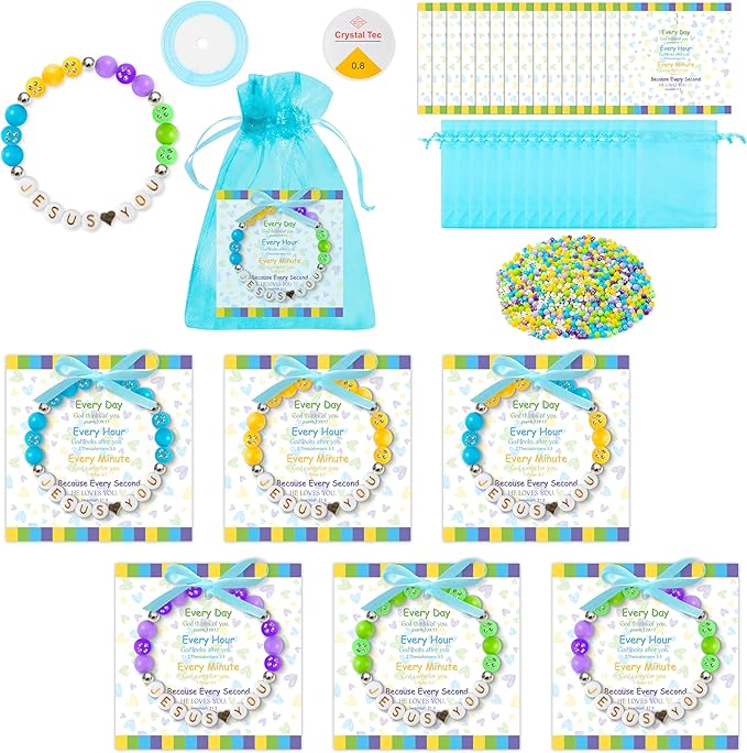 BeYumi Easter Christian Bracelet Craft - 24Pcs Easter DIY Religious Jesus Love You Letter Beads Bracelet with Bible Verse Gift Cards Jesus Faith Craft Kit VBS Week Sunday School Church Party