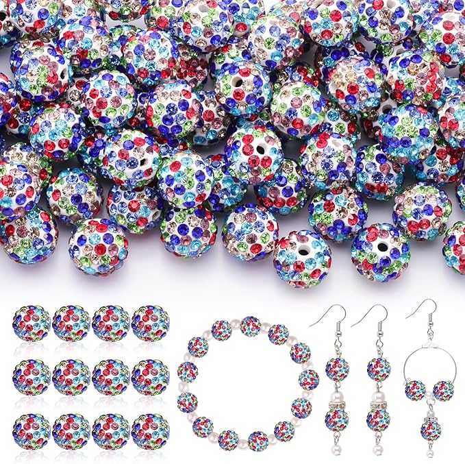 200 pcs white mixed rhinestone beads for jewelry making, sparkle crystal clay christmas for bracelet baseball necklace earring crafting and diy, shiny round shamballa disco ball beads bulk