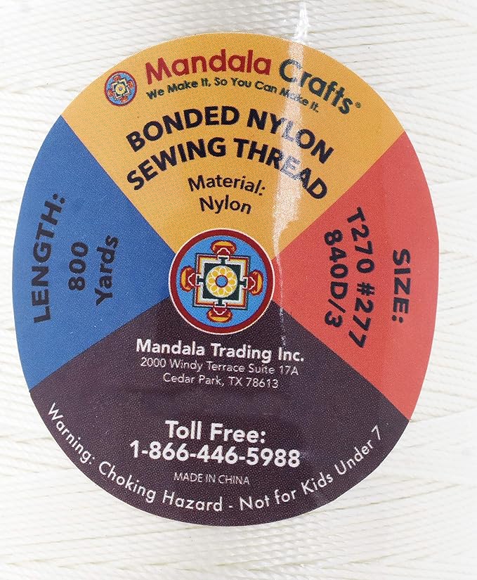 Mandala Crafts Size 277 840D T270 Bonded Nylon Thread - White 800 YDs Tex 270 Heavy Duty Sewing Threads for Leather, Jeans, Weaving, Outdoor Marine Upholstery