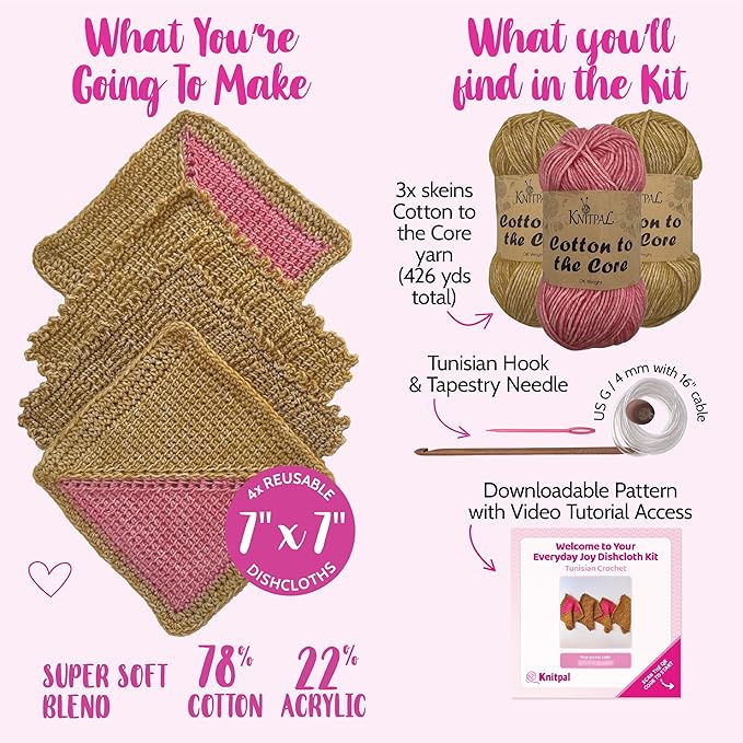KnitPal Everyday Joy Tunisian Crochet Dishcloth Kit for Confident Beginners – Make 4 Reusable Dishcloths – Cotton Yarn, Tunisian Crochet Hook, 2 Patterns & Video Tutorials (Camel Brown+Flamingo Pink)