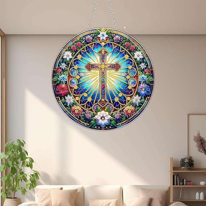 DIY Acrylic Diamond Art Painting Wreath Kits Special Shaped Rhinestone 5D Diamond Art Window Pendants Home Garden Wall Hanging Kits Hanging Ornament (Cross-2)