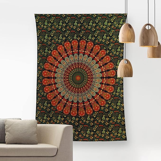 bless international handmade indian hippie bohemian psychedelic peacock mandala wall hanging college dorm beach throws table cloth bedding tapestry (golden green, poster(30x40inches)(76x101cms))
