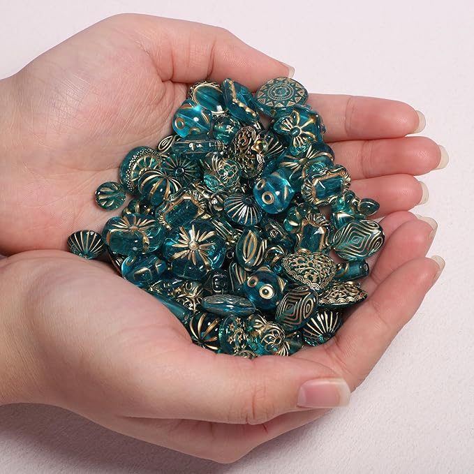 7.5 OZ Assorted Vintage Acrylic Beads For Jewelry Making, Song Xi Unique Flower Rose Czech Beads For Bracelet Earrings, Bohemia Style, Bulk, Arts and Crafts, DIY Holiday Gift (240-260 PCS, Bule-Green)